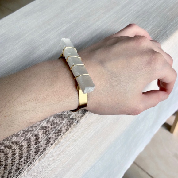 Selenite & Brass Wire Geometric Cuff Bracelet - Picture 6 of 8